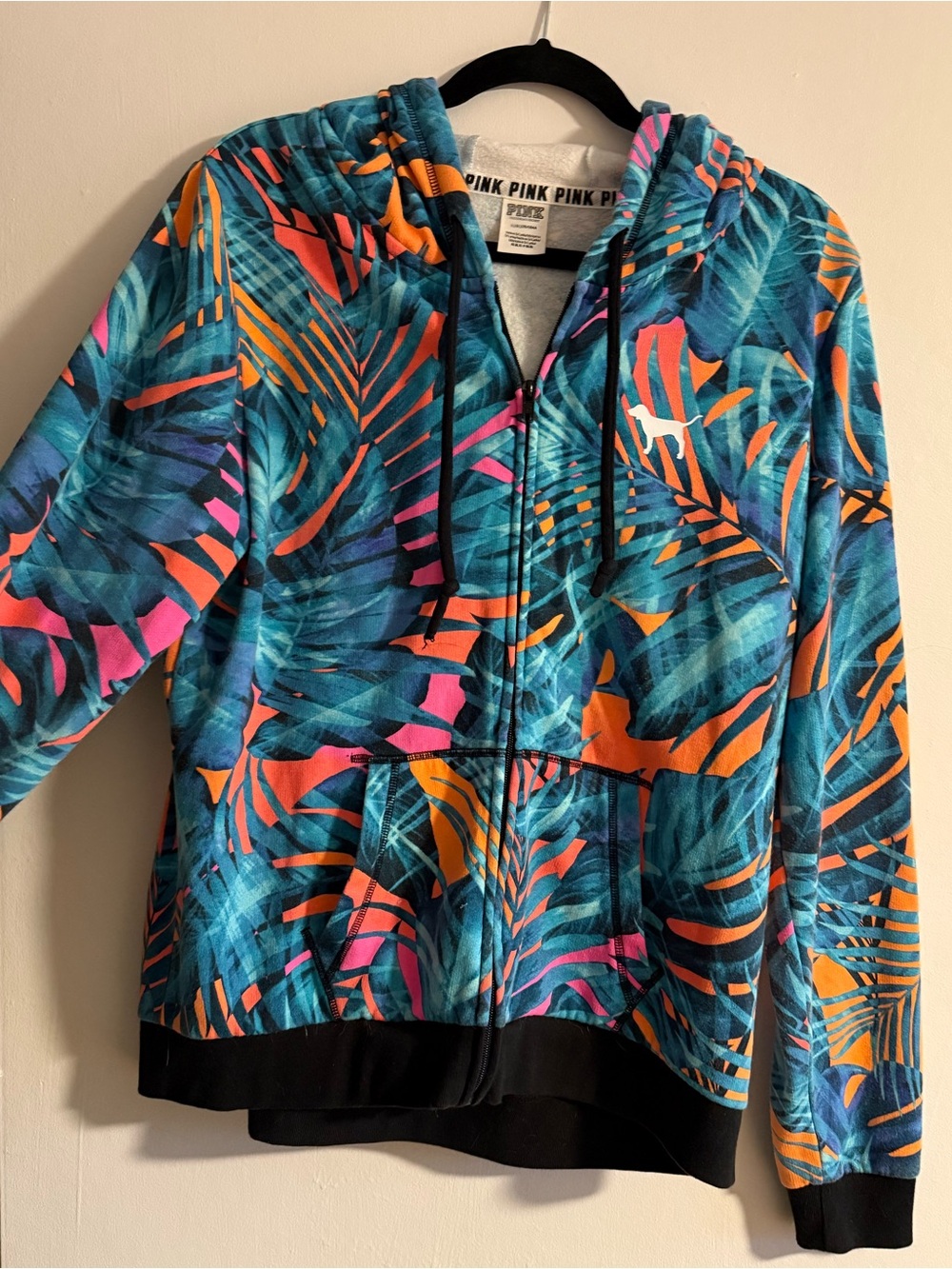 PINK Tropical Leaf Zip-Up Hoodie in Teal & Orange